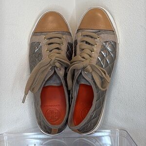 Tory Burch Women’s Sneakers, quilted gold metallic and brown, 9.5